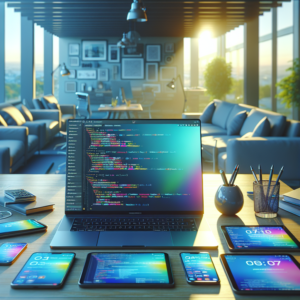 An illustration of a mobile app development environment with a laptop and mobile devices.