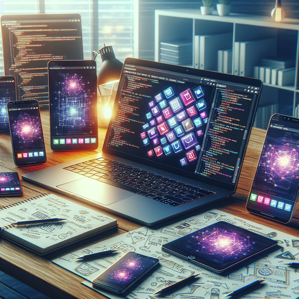 A modern workspace illustrating cross-platform mobile app development with a laptop, mobile devices, and design sketches.