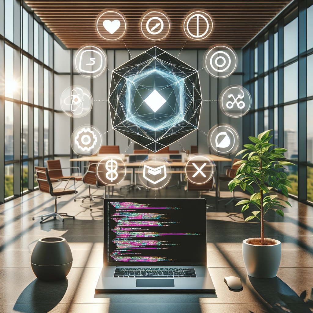 A mobile app development scene with a laptop showing code and icons of mobile frameworks.