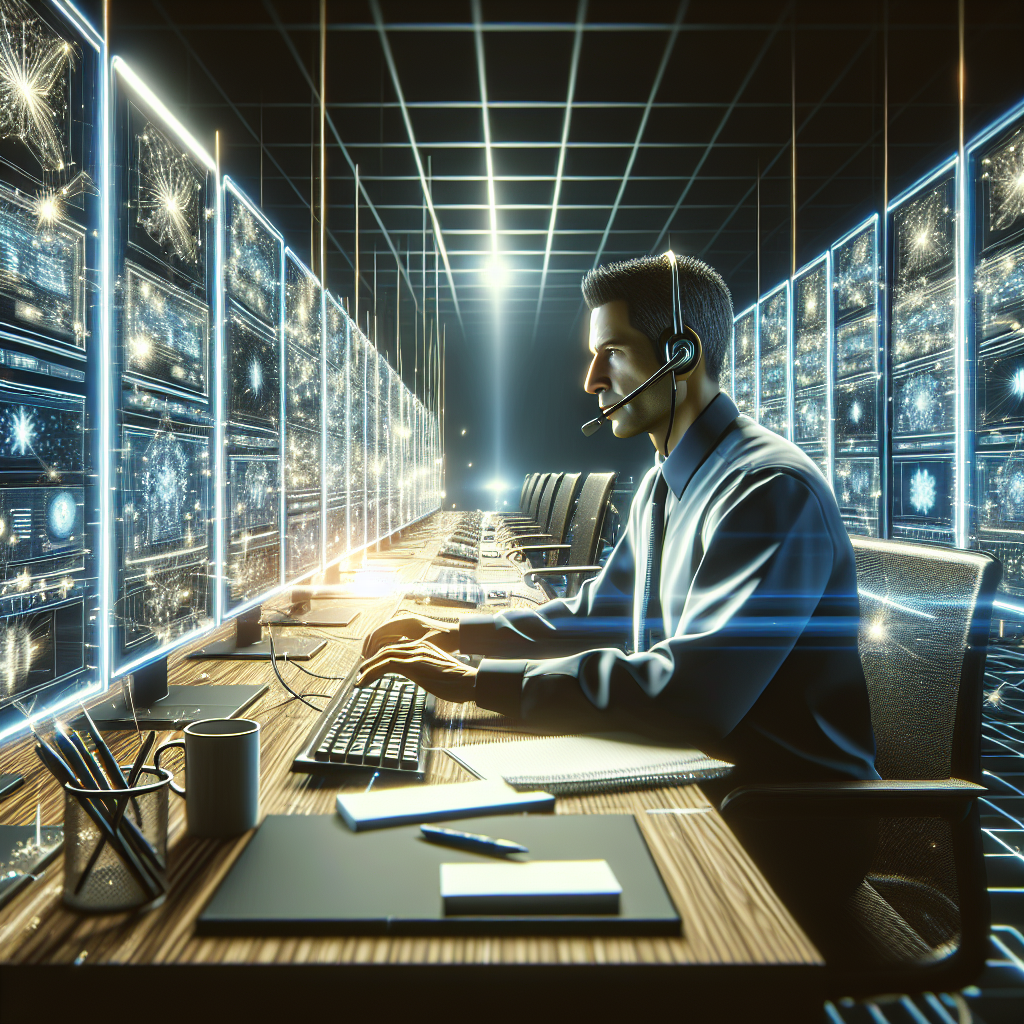 A technical support specialist working at a desk with multiple computer screens.