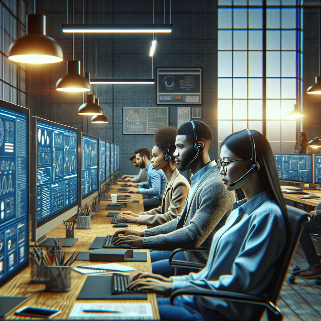 A modern technical support office with diverse specialists working on computers.