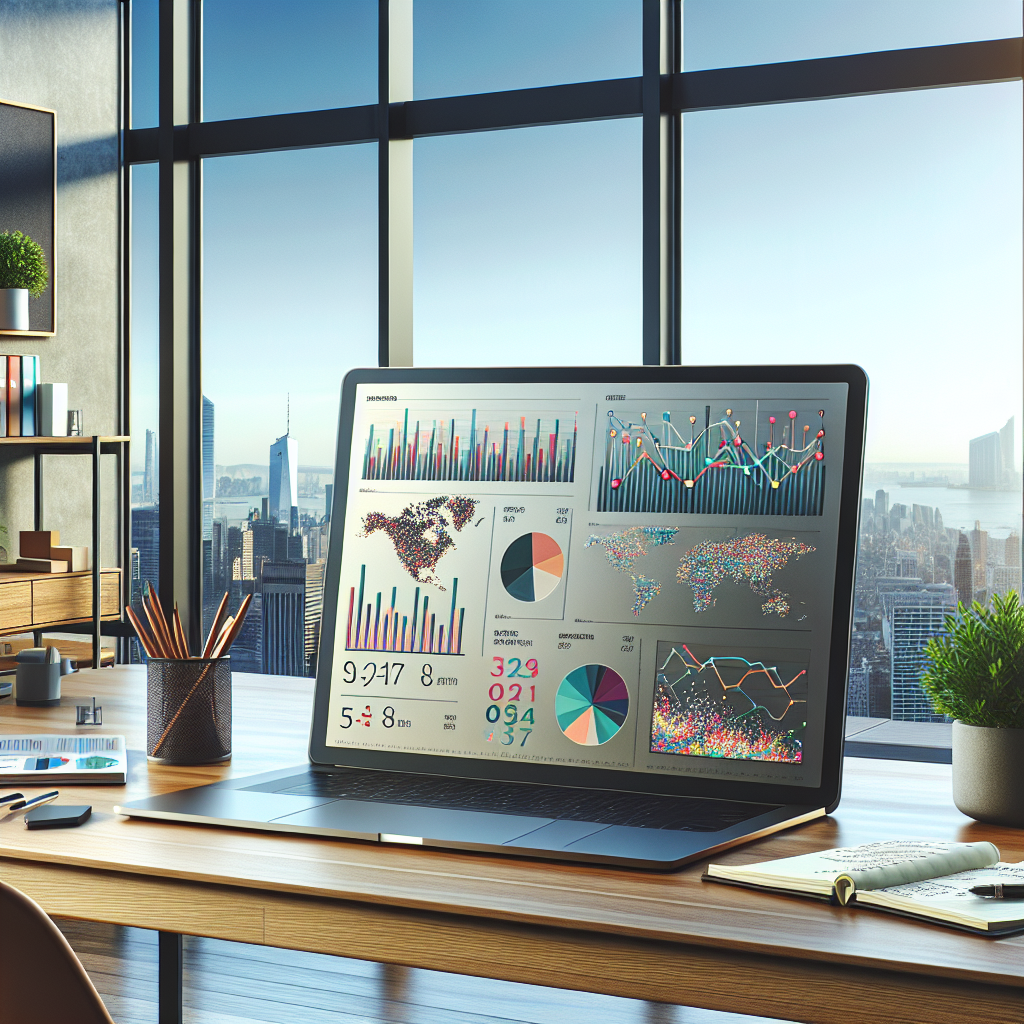 A modern office workspace with a sleek desk, laptop with marketing graphs, and a cityscape view.