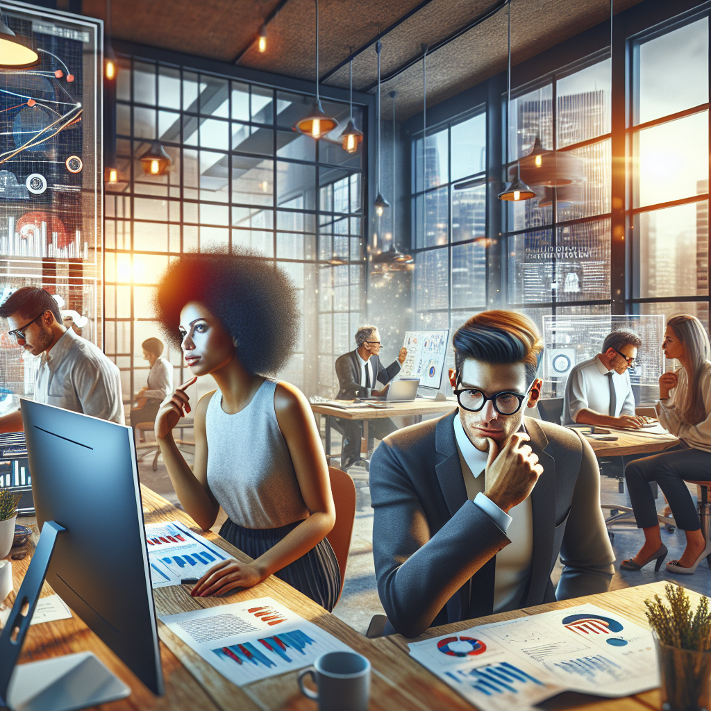 A modern digital marketing office with professionals collaborating.