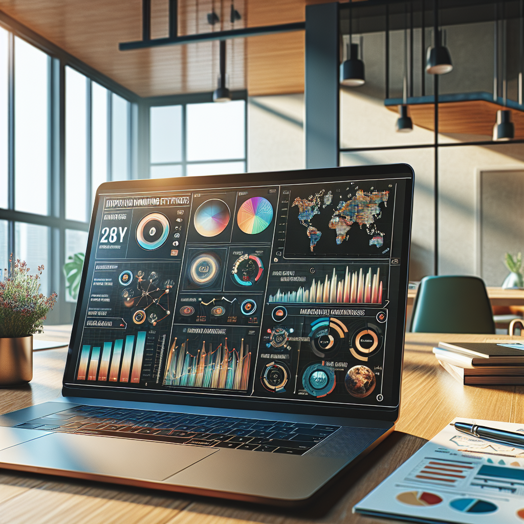 A modern digital workspace showcasing marketing analytics and charts.