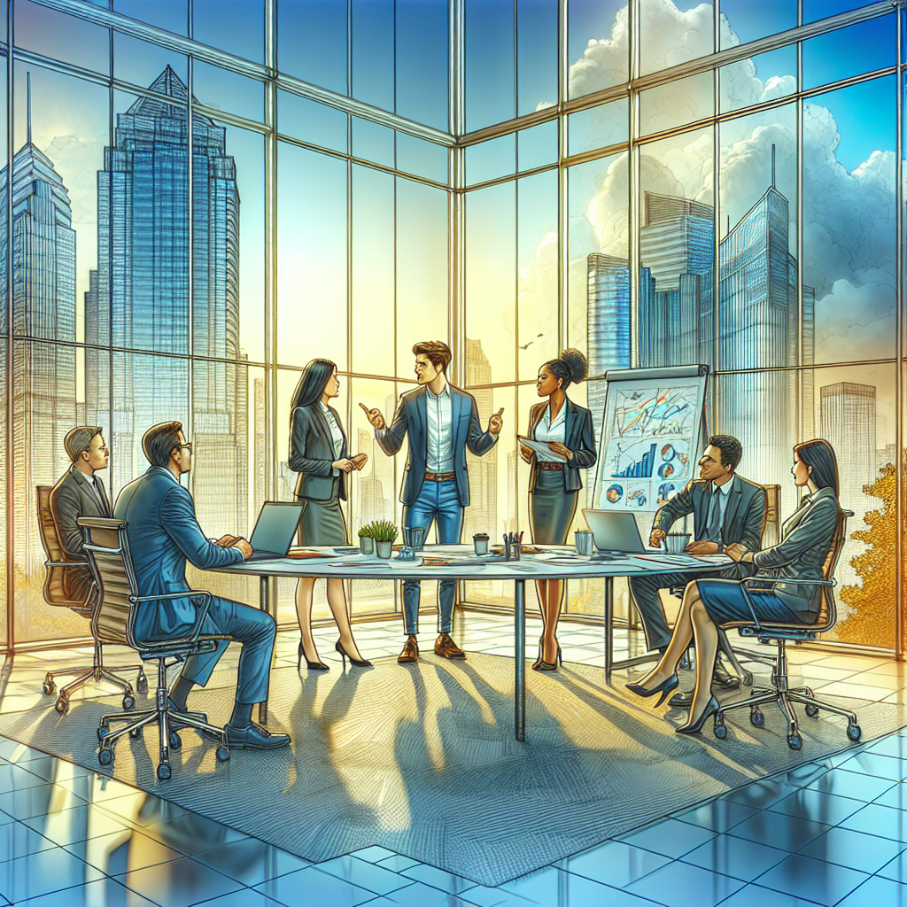 A diverse group of professionals in an office discussing marketing strategies, with a city skyline in the background.