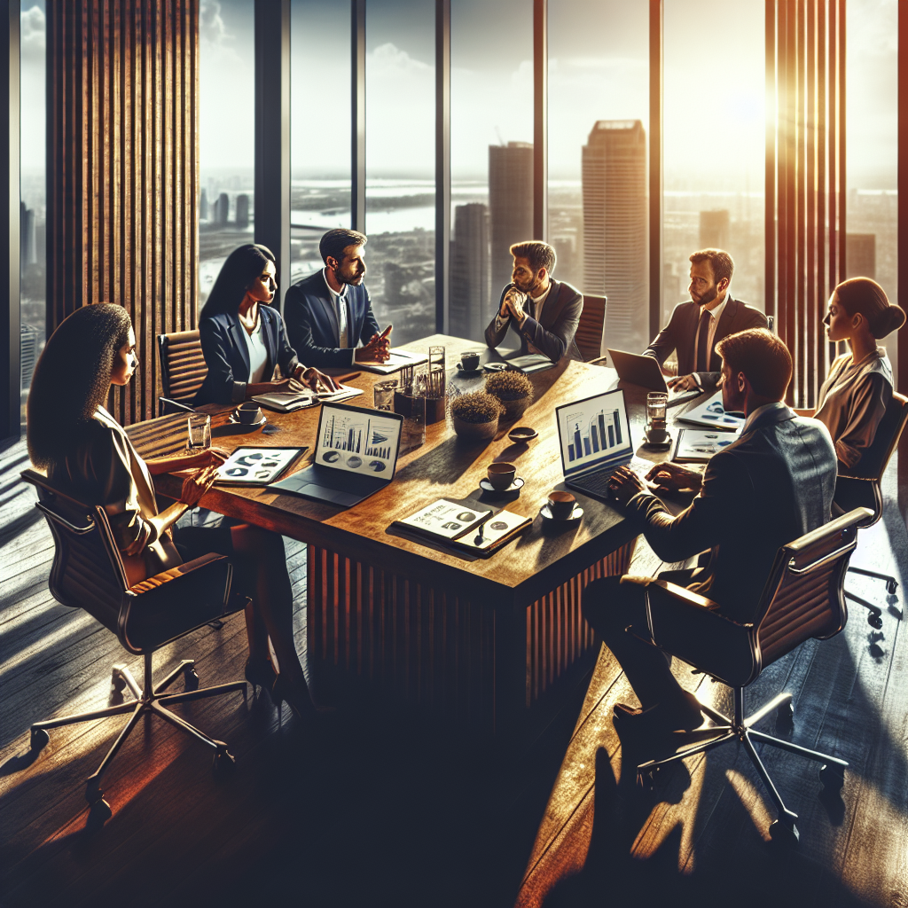 A diverse group of professionals in a modern office discussing revenue growth strategies.
