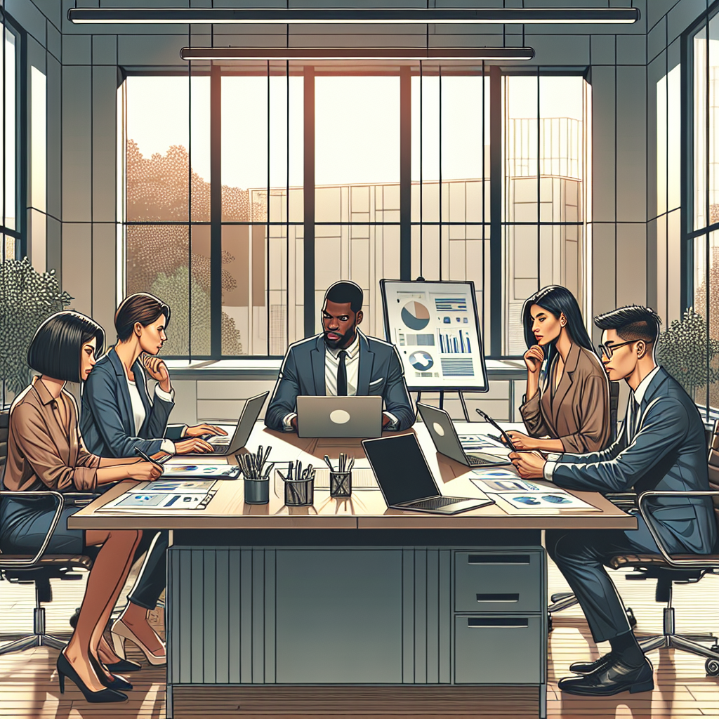 A team of diverse professionals collaborating in a modern office environment.