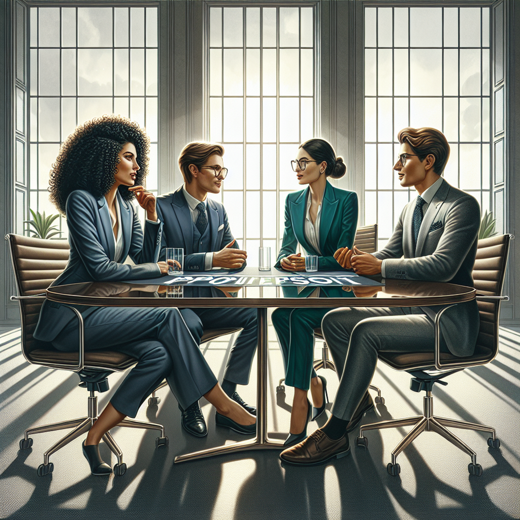 A diverse team of professionals discussing in a modern office about revenue growth strategies.