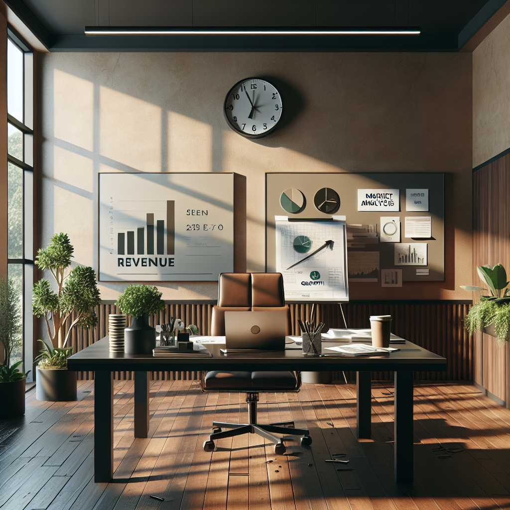 A modern office space symbolizing revenue growth with a desk, laptop, and plants.