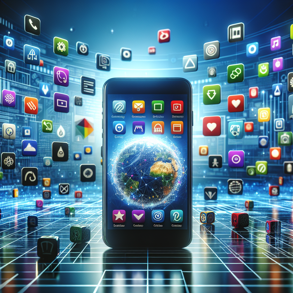 A smartphone displaying a vibrant app store interface with colorful app icons and floating keyword symbols in the background.