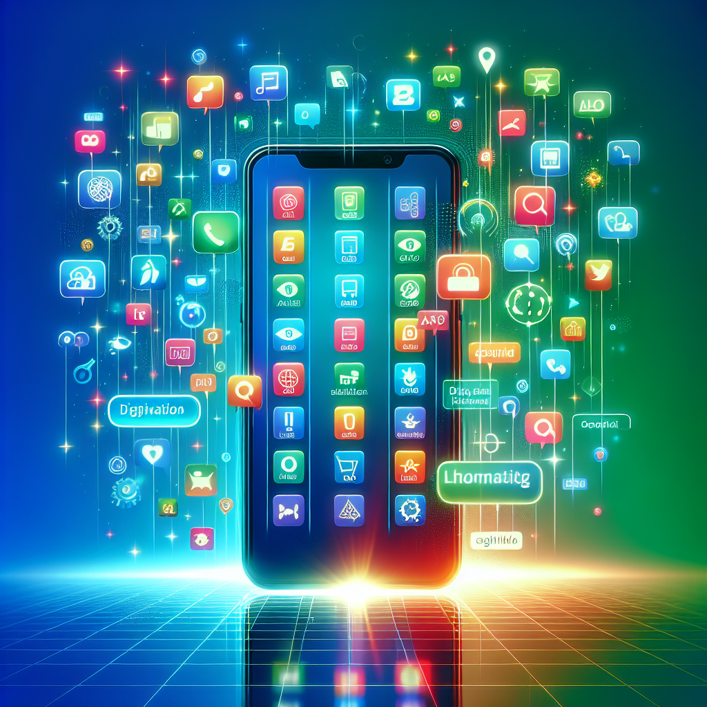 An illustration of app store optimization with app icons and a digital banner.