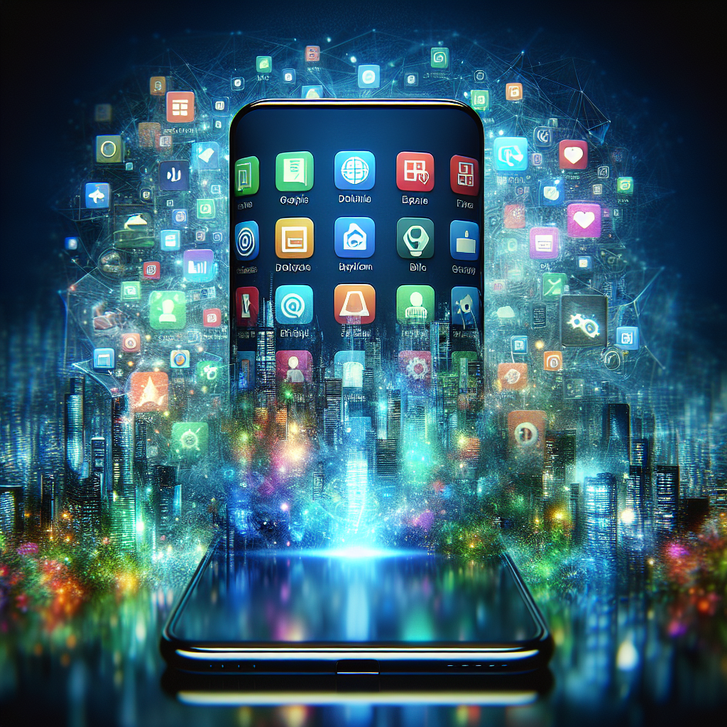 A smartphone displaying an app store with vibrant app icons and a blurred city landscape in the background.
