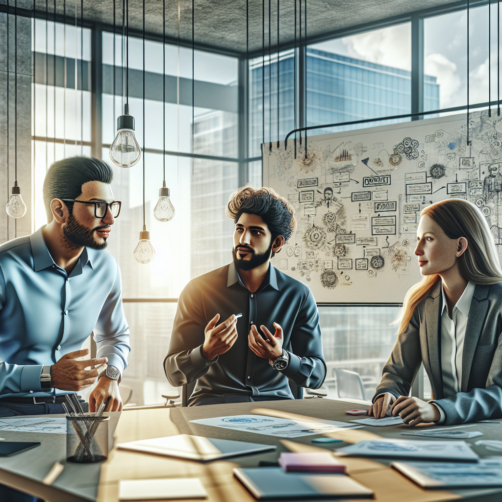 A diverse group of professionals collaborating in a modern office on custom application software development.