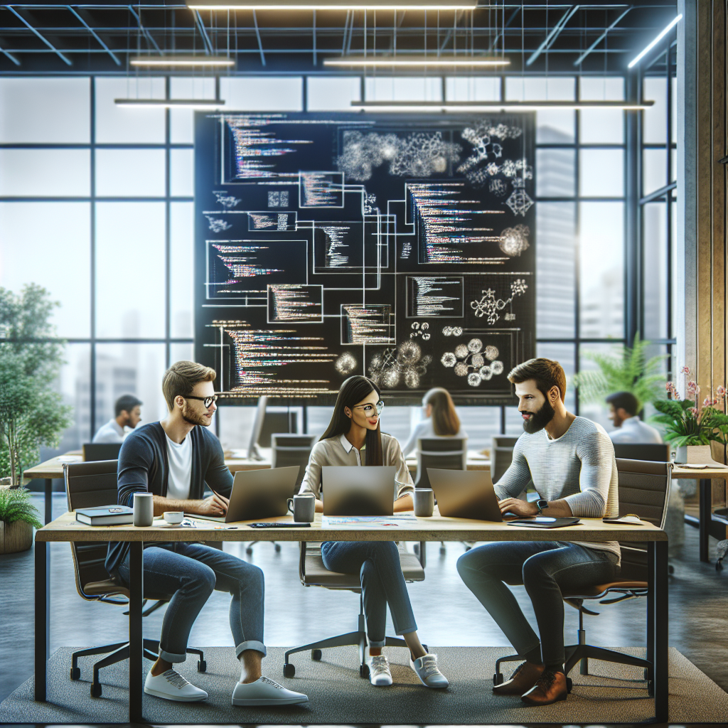A diverse software development team collaborating in a modern office.