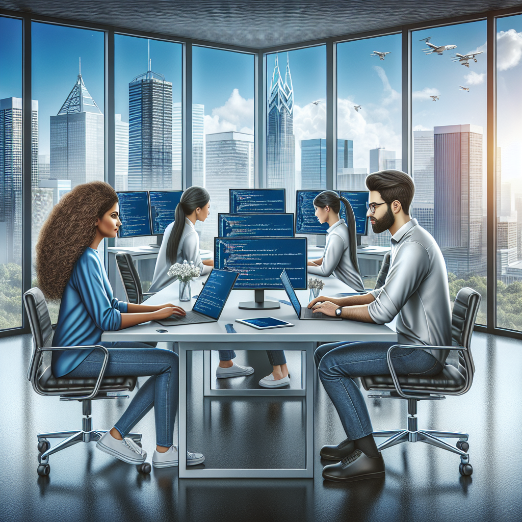 Engineers collaborating on custom software development in a modern office.