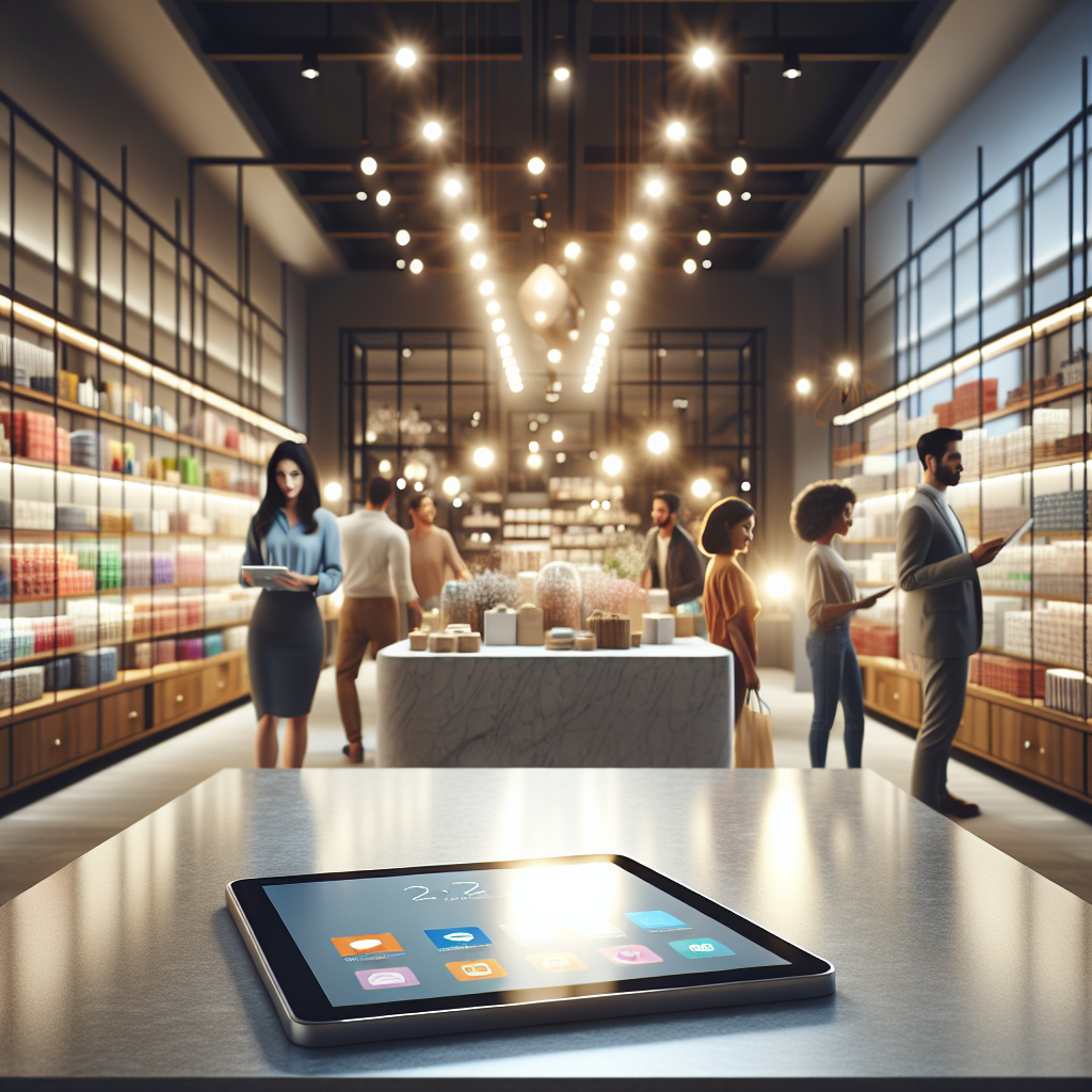 A modern retail store interior with people interacting with a digital tablet.