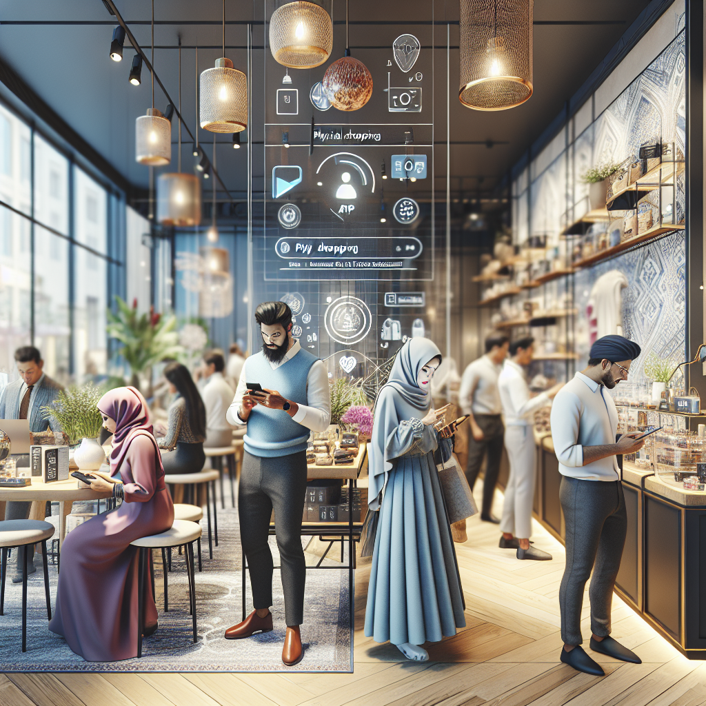 A modern retail store with customers using mobile apps, emphasizing the integration of technology in shopping.