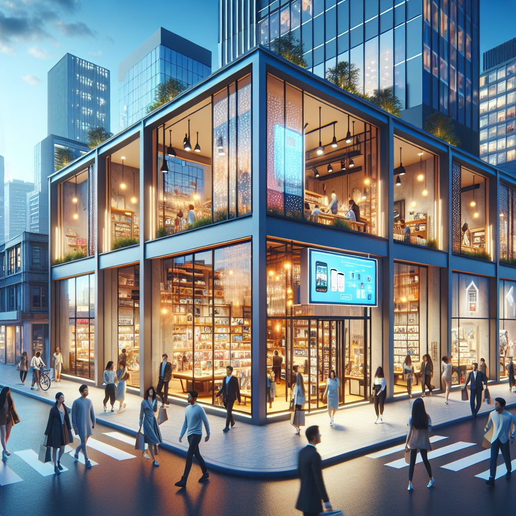 A bustling urban retail store with satisfied customers and a mobile app advertisement.