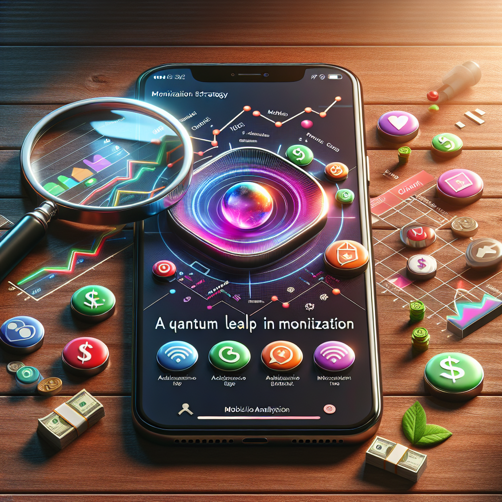 A smartphone displaying a mobile app, surrounded by symbols of monetization strategies like a magnifying glass and dollar signs.