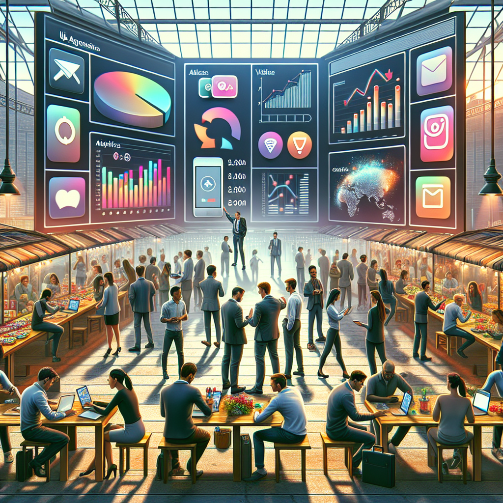 A market-like scene showing people discussing mobile apps and analytics for monetization strategy.
