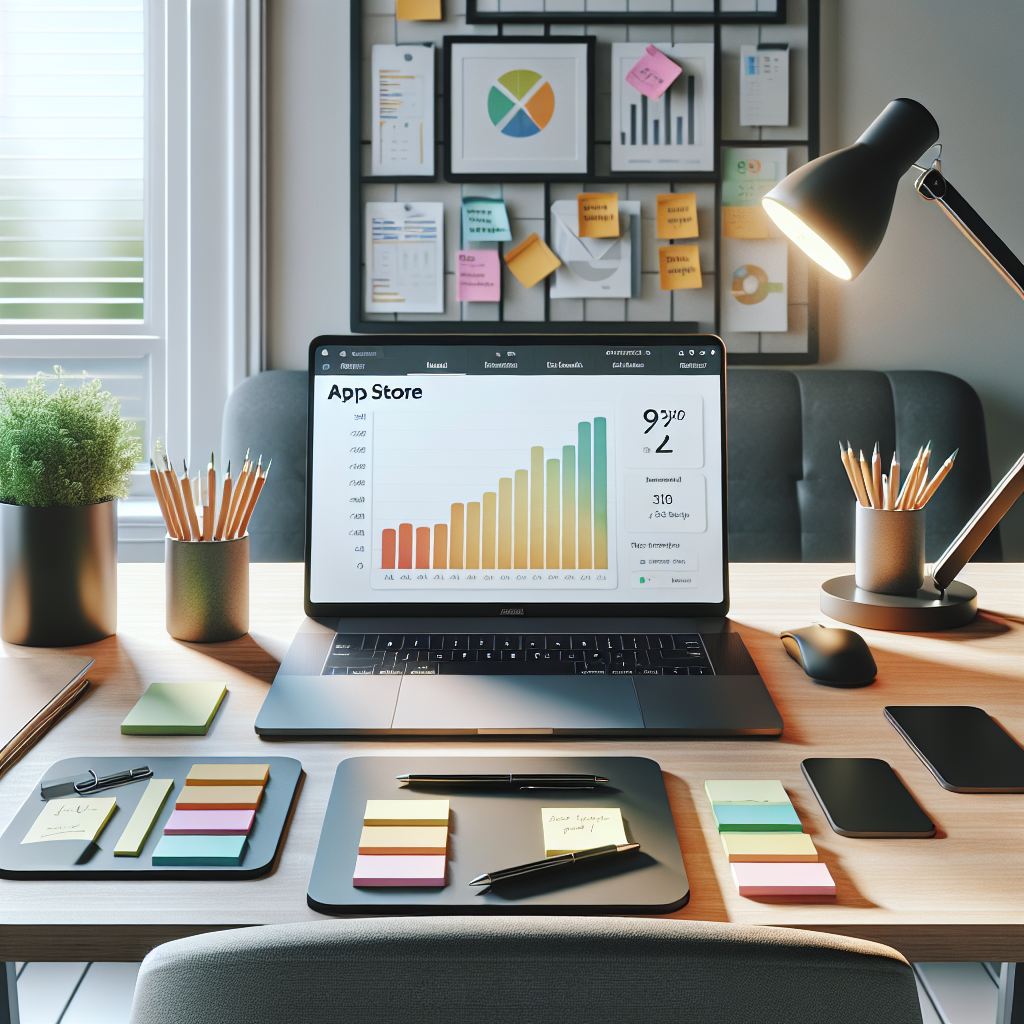 A professional workspace for App Store Optimization with a laptop, sticky notes, and a potted plant.