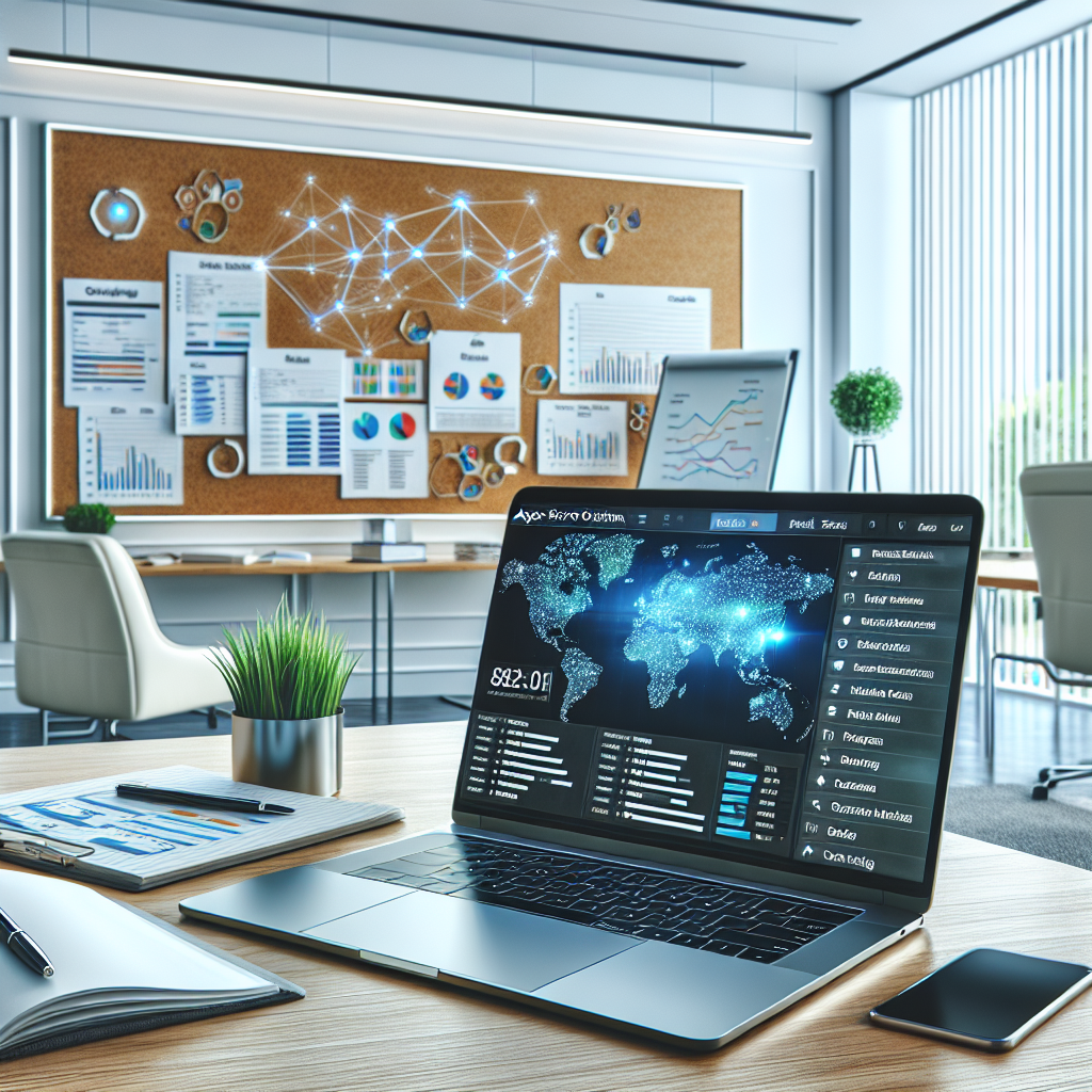 A modern workspace for App Store Optimization with a laptop, notepad, and whiteboard.