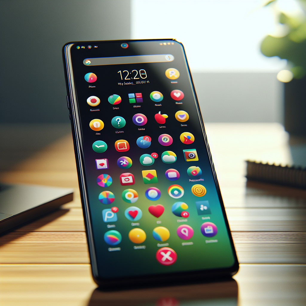 A smartphone displaying a colorful app store interface on a wooden desk.