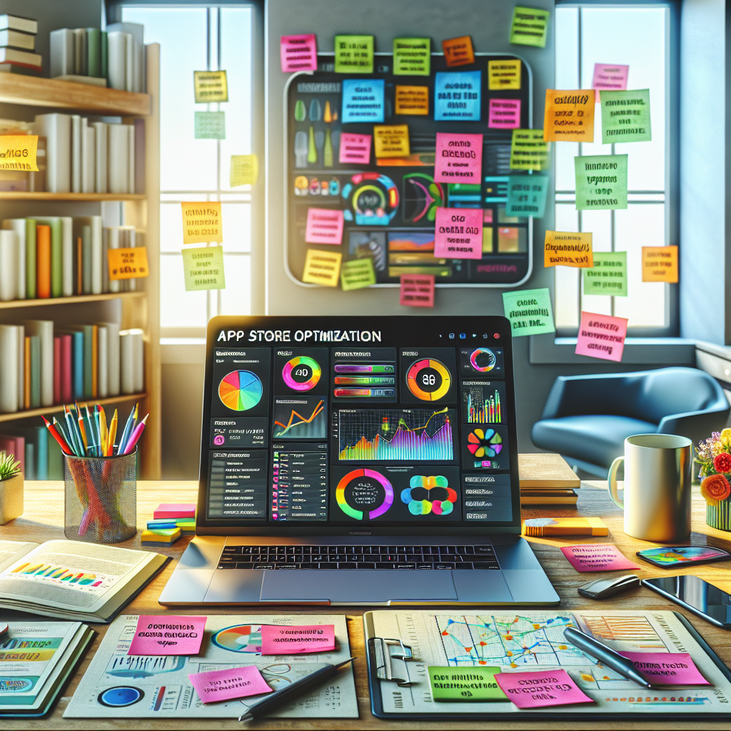 A modern workspace illustrating App Store Optimization with a laptop, colorful notes, and books.