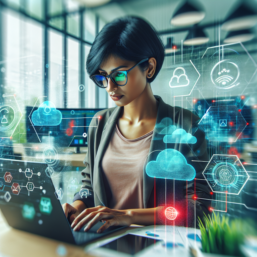 A mobile app developer working on a laptop in a modern workspace, surrounded by digital symbols of cloud computing.