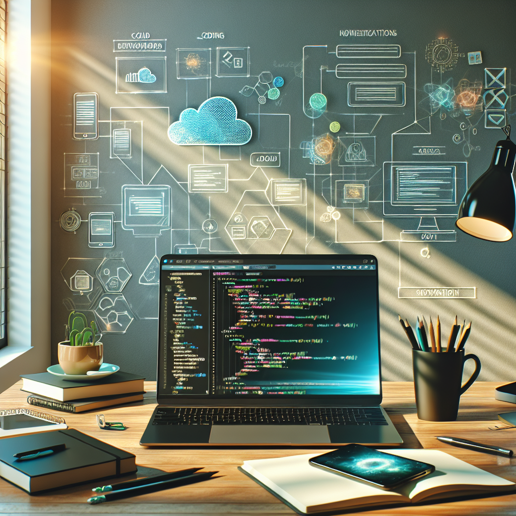 A developer's workspace with a laptop, smartphone, and diagrams of AWS cloud services.