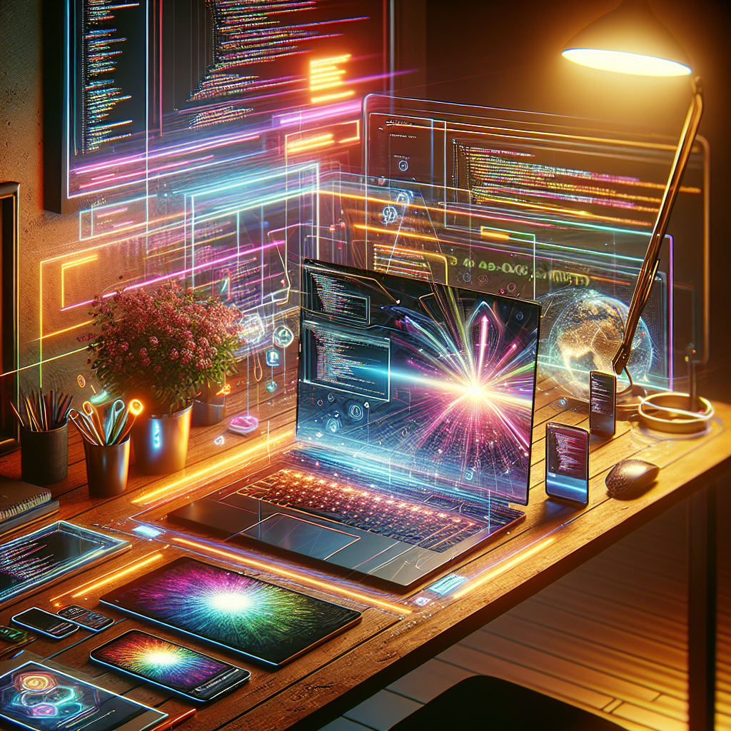 A digital workspace with a laptop, mobile devices, and a plant, illustrating AWS for mobile app development.