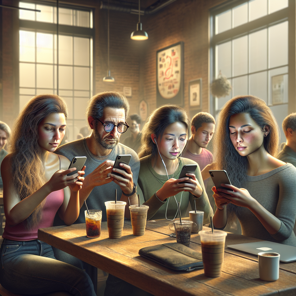 A diverse group of people engaged with smartphones in a cozy café.