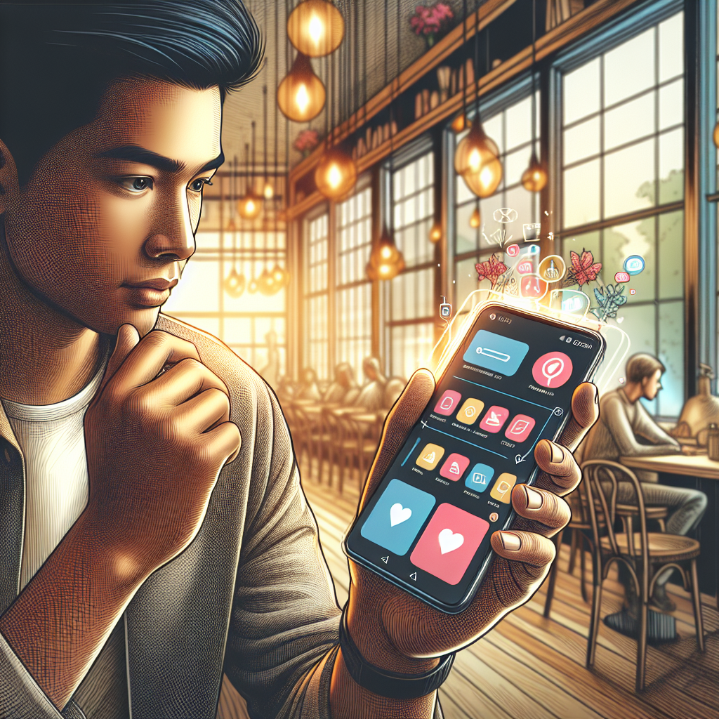 A young adult using a smartphone in a café.