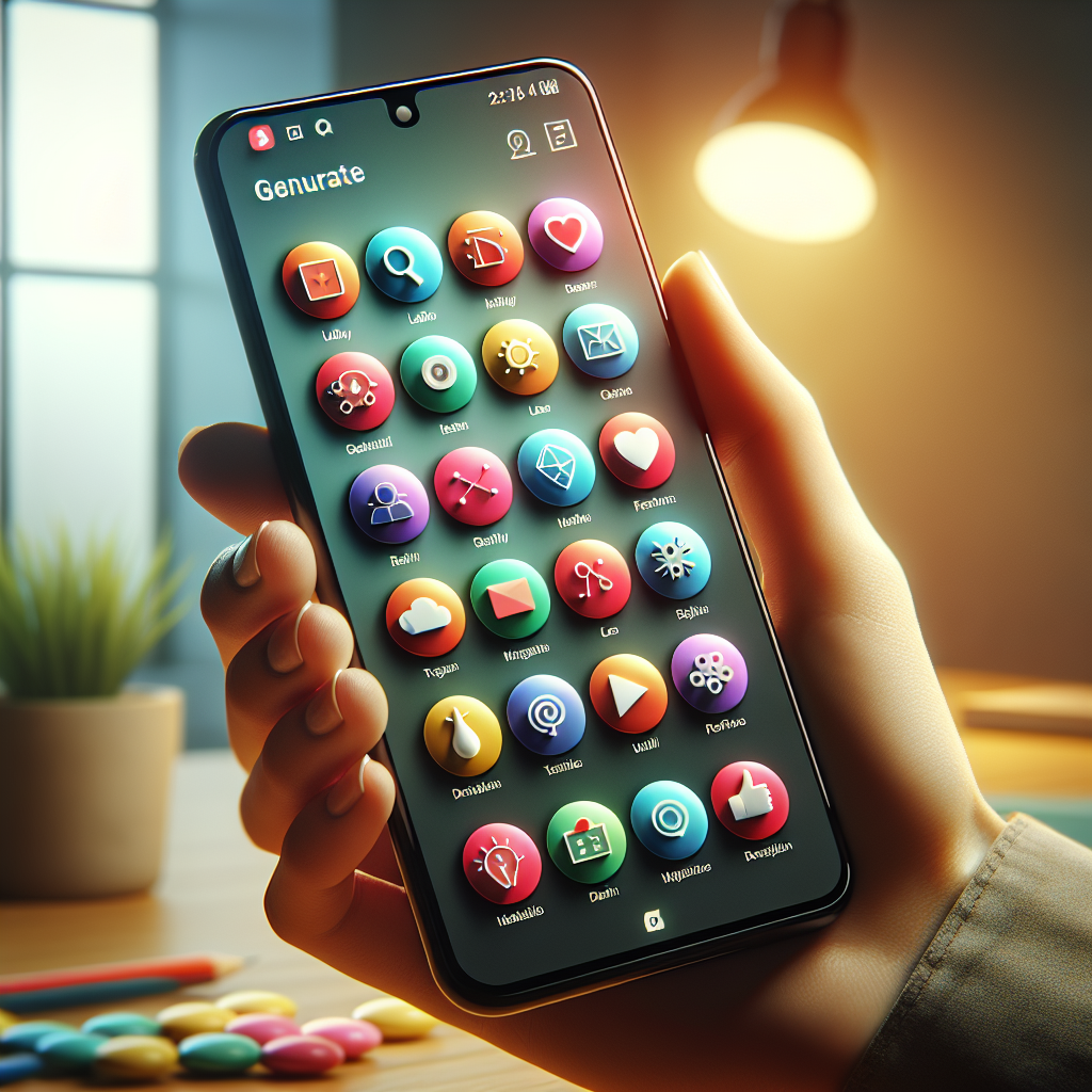 A smartphone displaying a vibrant mobile app interface held by a hand.
