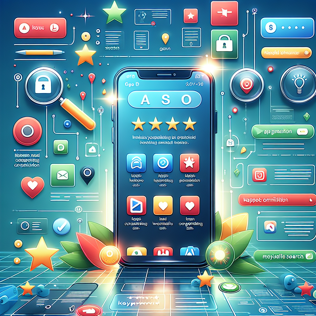An image illustrating the concept of App Store Optimization with a smartphone showing an app store interface and surrounding visual elements.