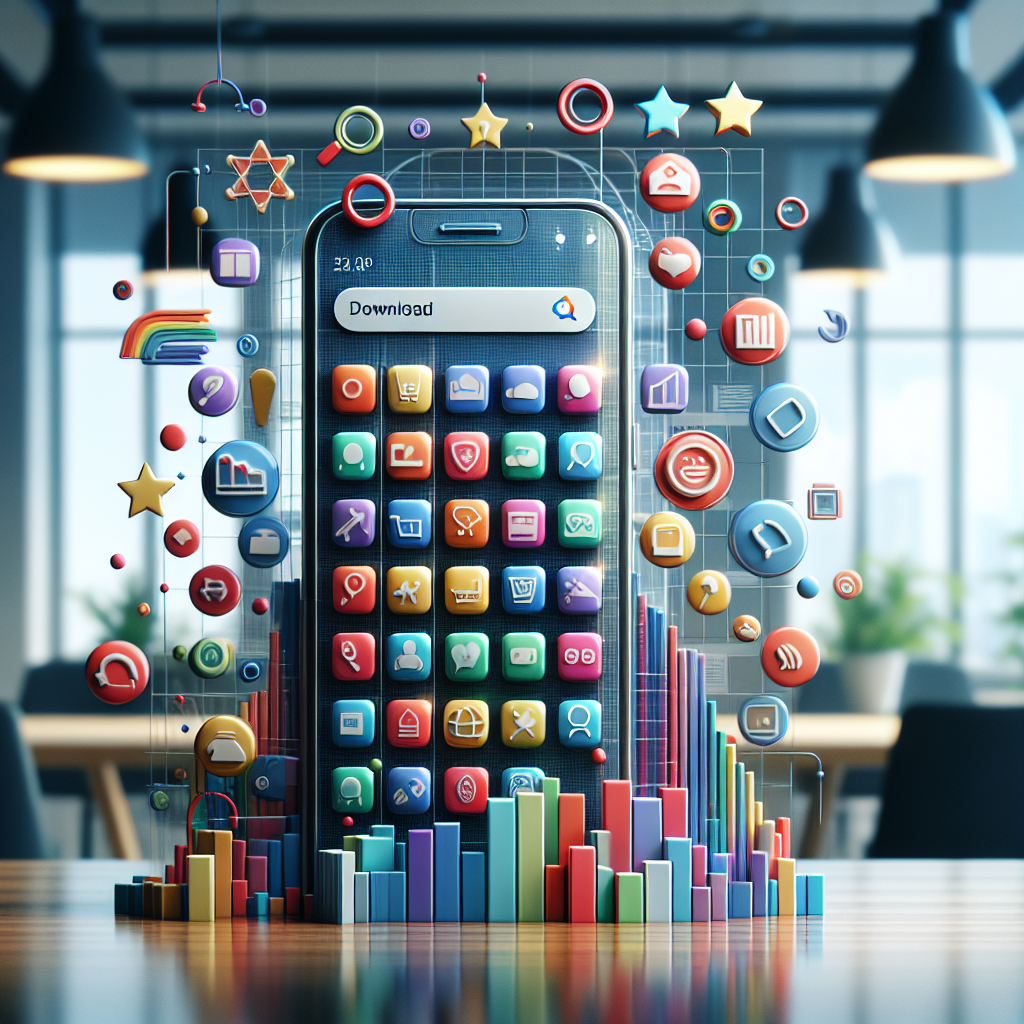 Illustration of App Store Optimization with a smartphone displaying app icons and graphs.