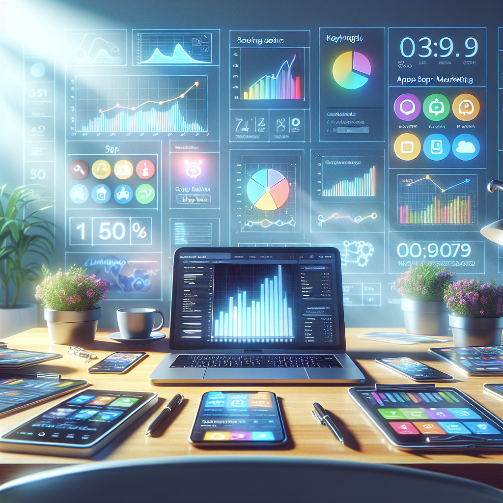 A mobile app marketing workspace with a laptop, app icons, and analytics charts.