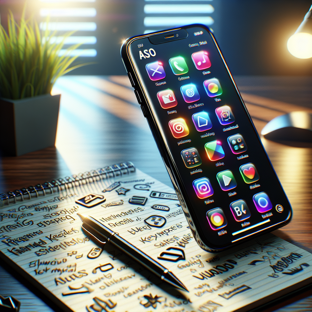 A smartphone displaying app icons and screenshots with a notepad showing keywords and ratings.
