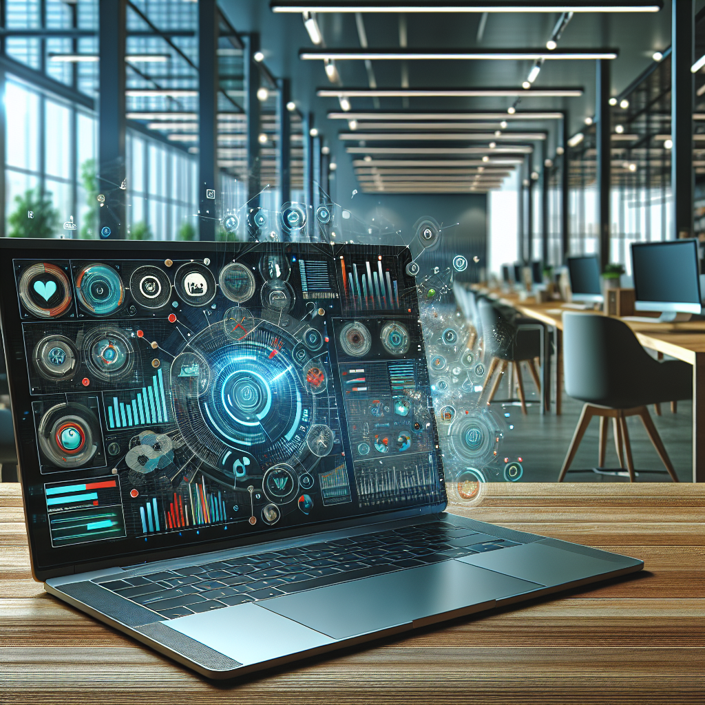 A sleek laptop showcasing a custom app interface in a modern office setting.