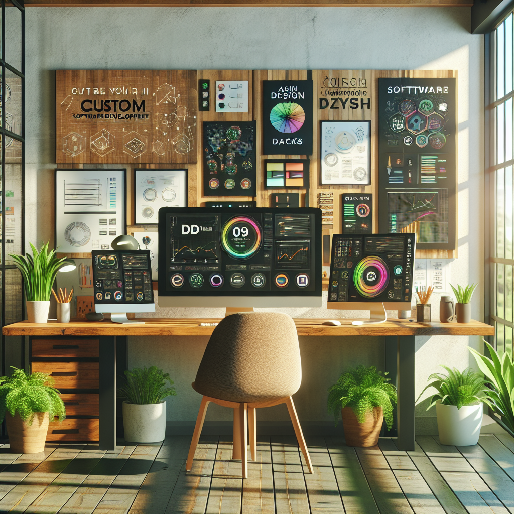 A modern workspace for app development with multiple monitors and plants.