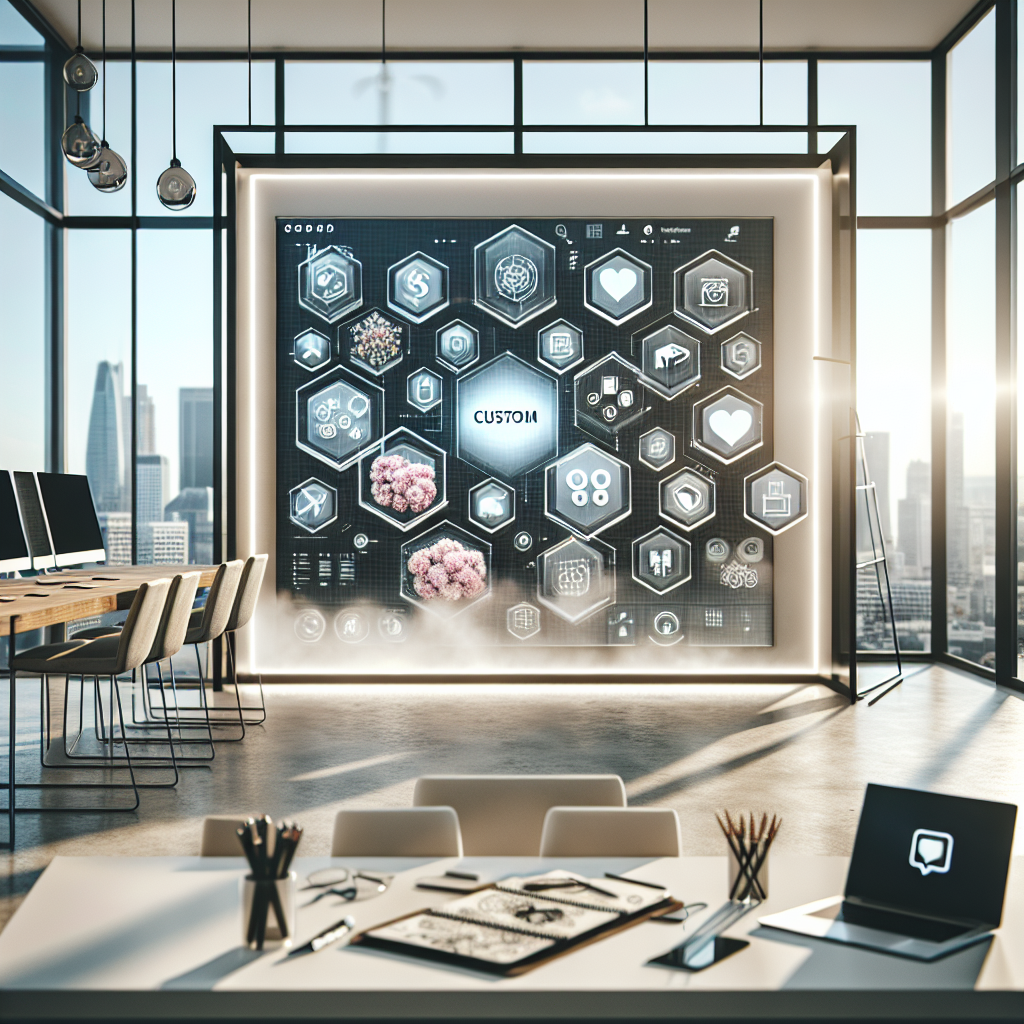 A modern office with a digital screen showcasing app icons, a laptop, and a notepad.