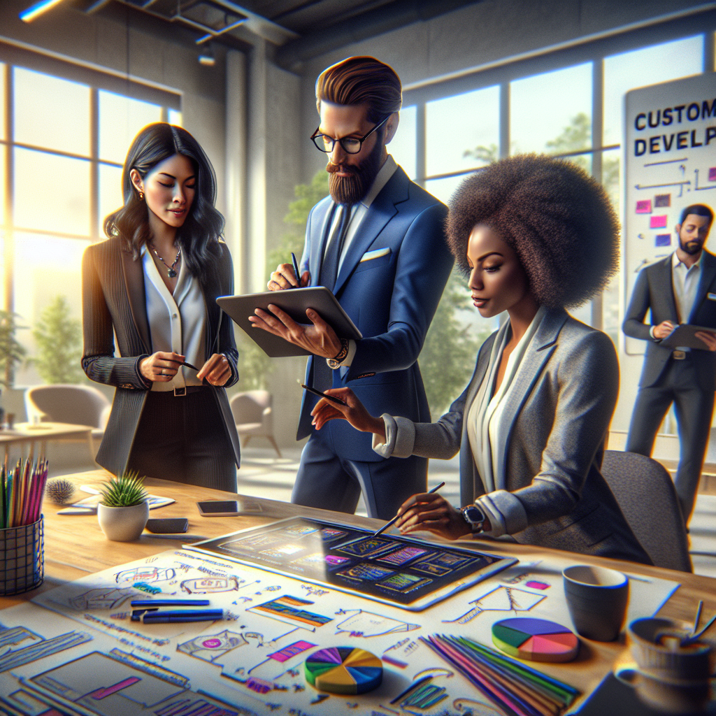 Business professionals discussing custom app development in a modern office.