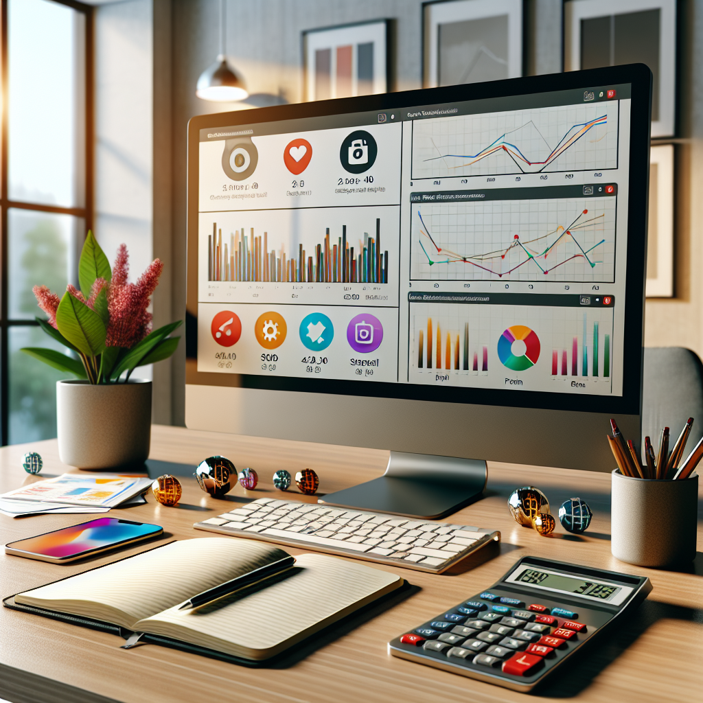 A workspace with a computer showing app analytics, colorful app icons, a calculator, and financial documents.