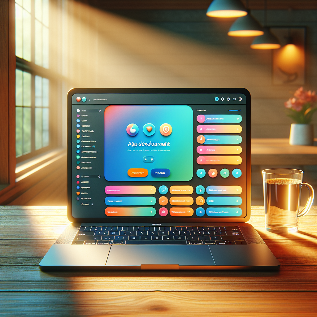 An open laptop on a desk showing a mobile app development interface.