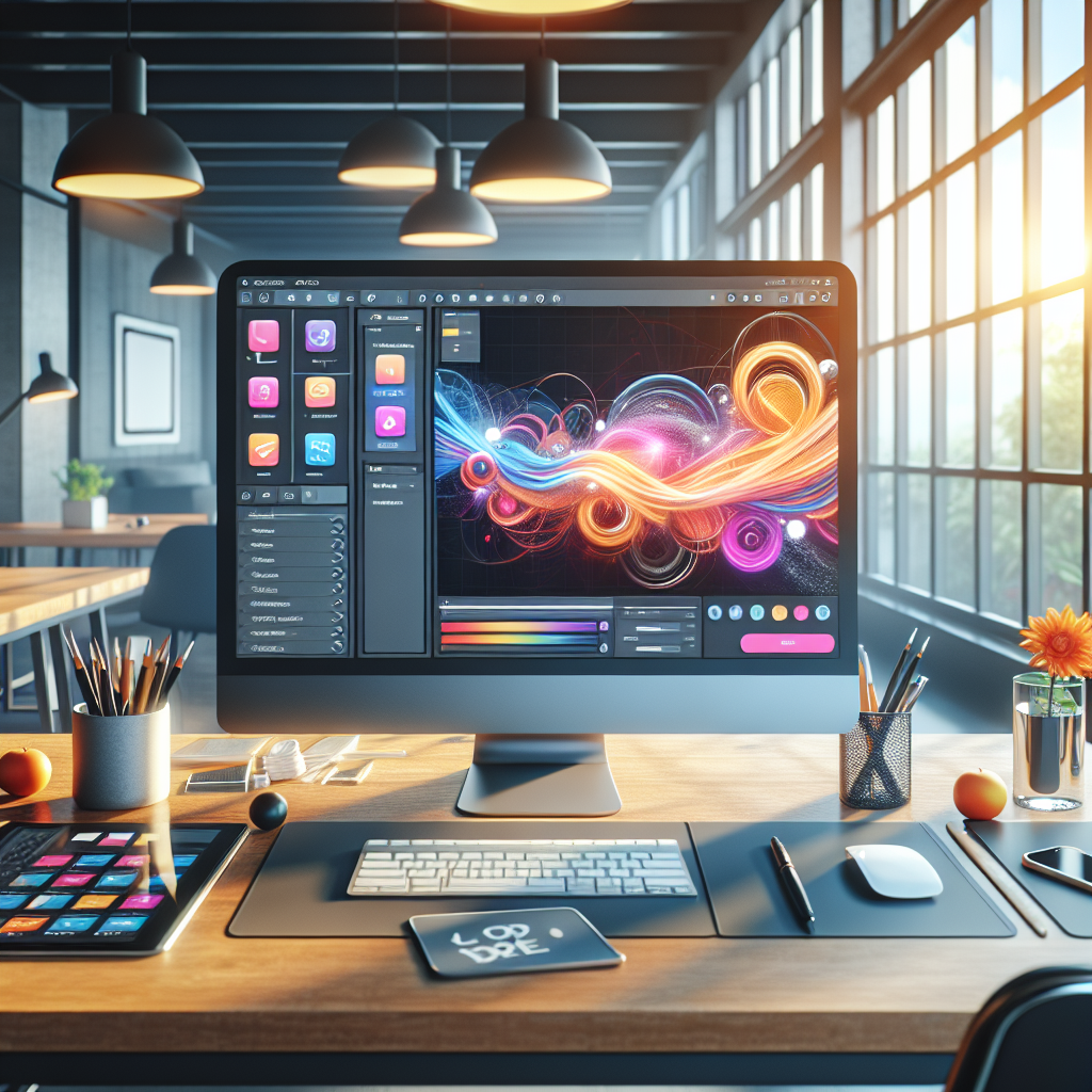 A digital workspace for mobile app development with a computer and design tools.