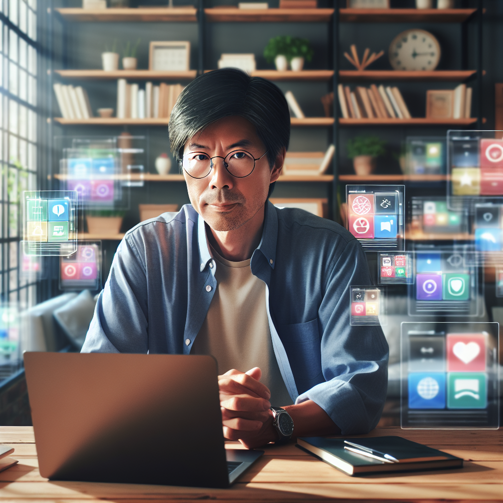 A person working on a laptop in a cozy office, surrounded by colorful app designs on screens.