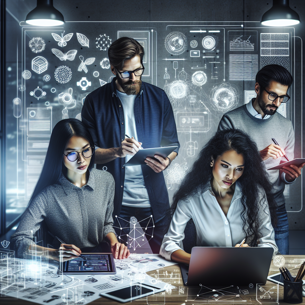 A diverse group of people working together on mobile app development in a modern office.