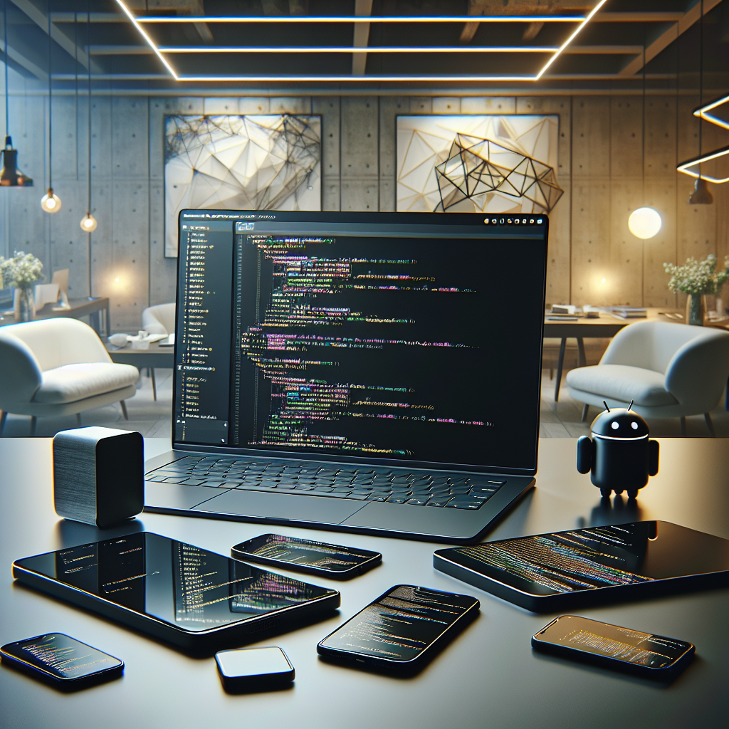 A laptop displaying code surrounded by Android and iOS devices in a modern office.