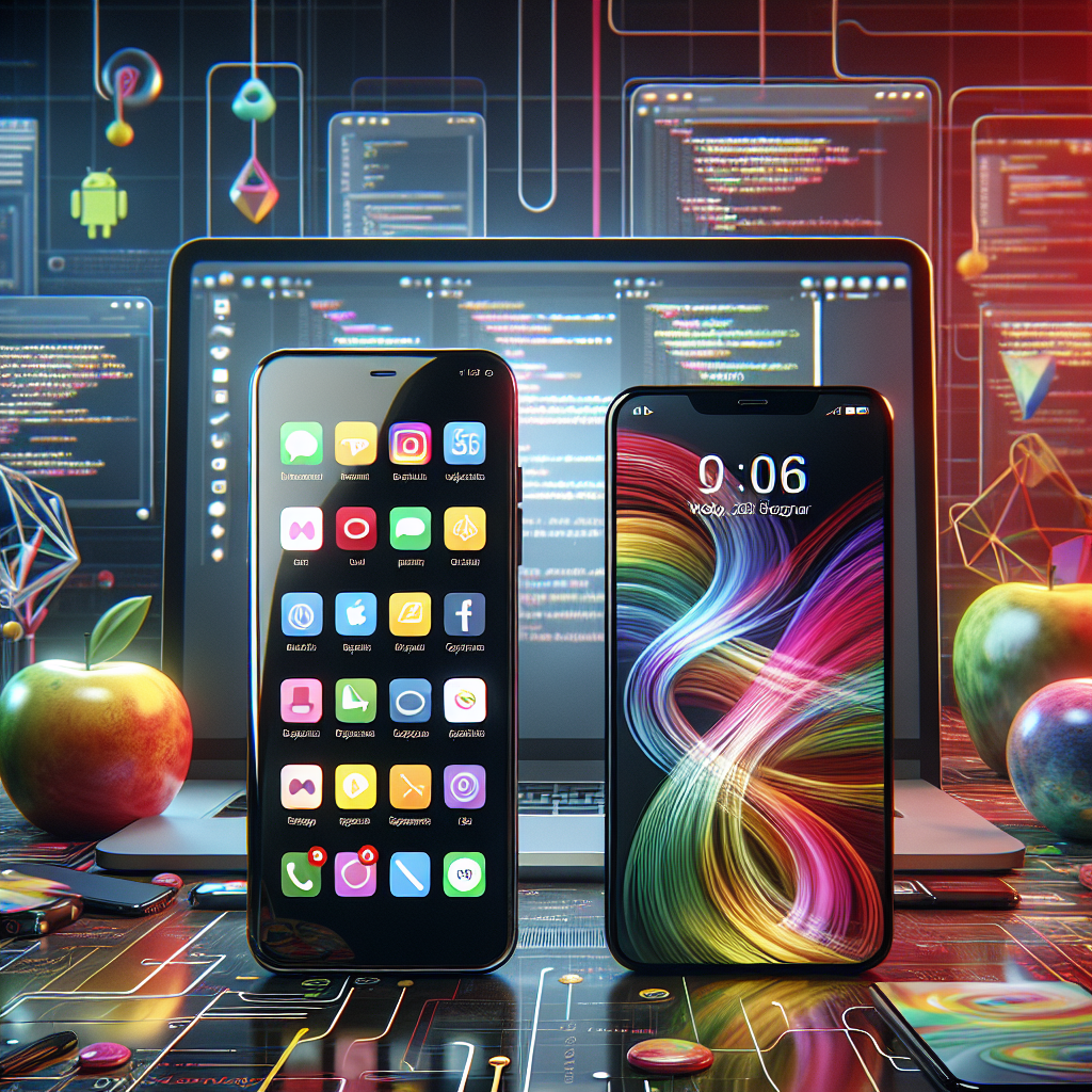 A mobile app development scenario depicting iOS and Android platforms with an iPhone and a Samsung Galaxy.