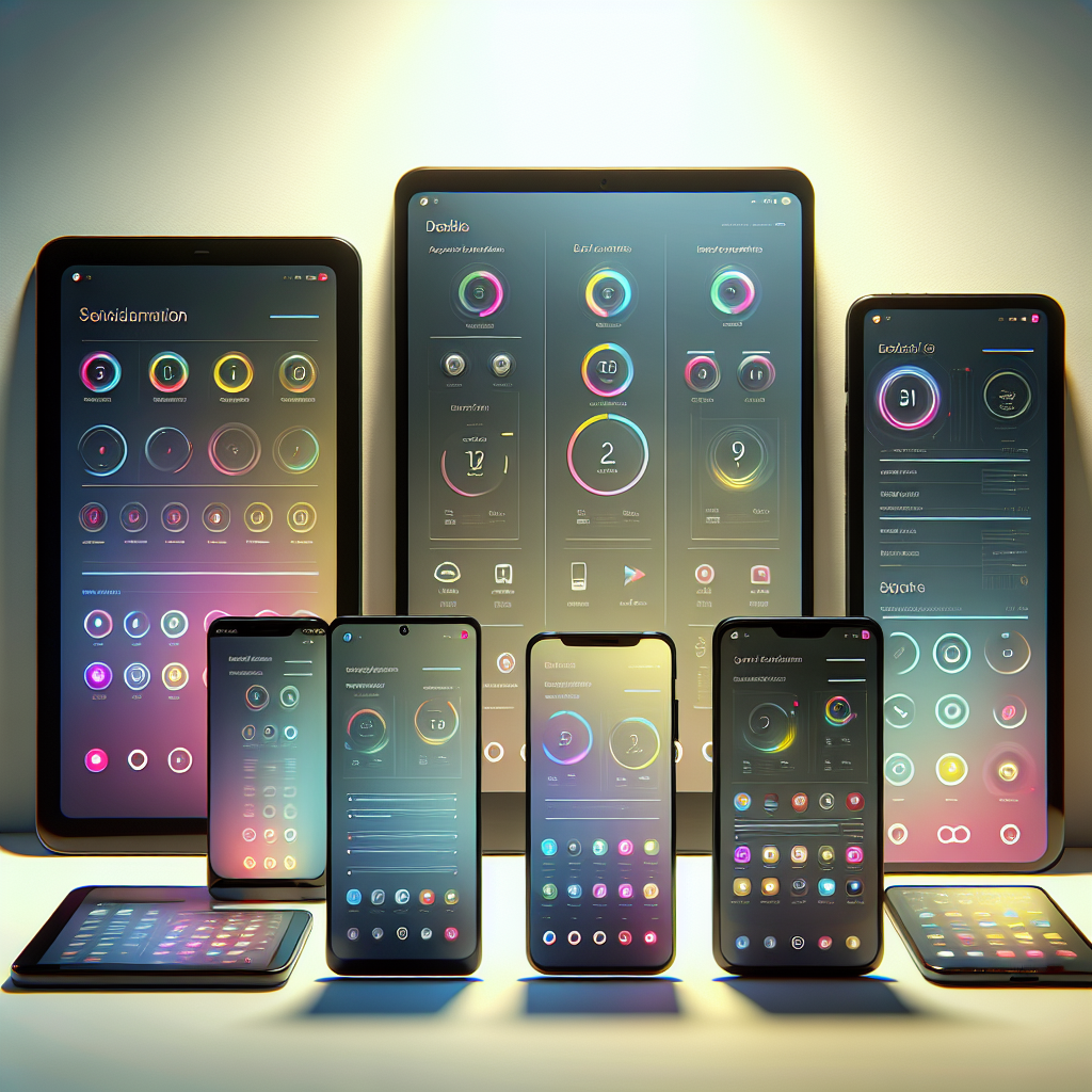 A mobile app interface displayed on various smartphones and tablets.